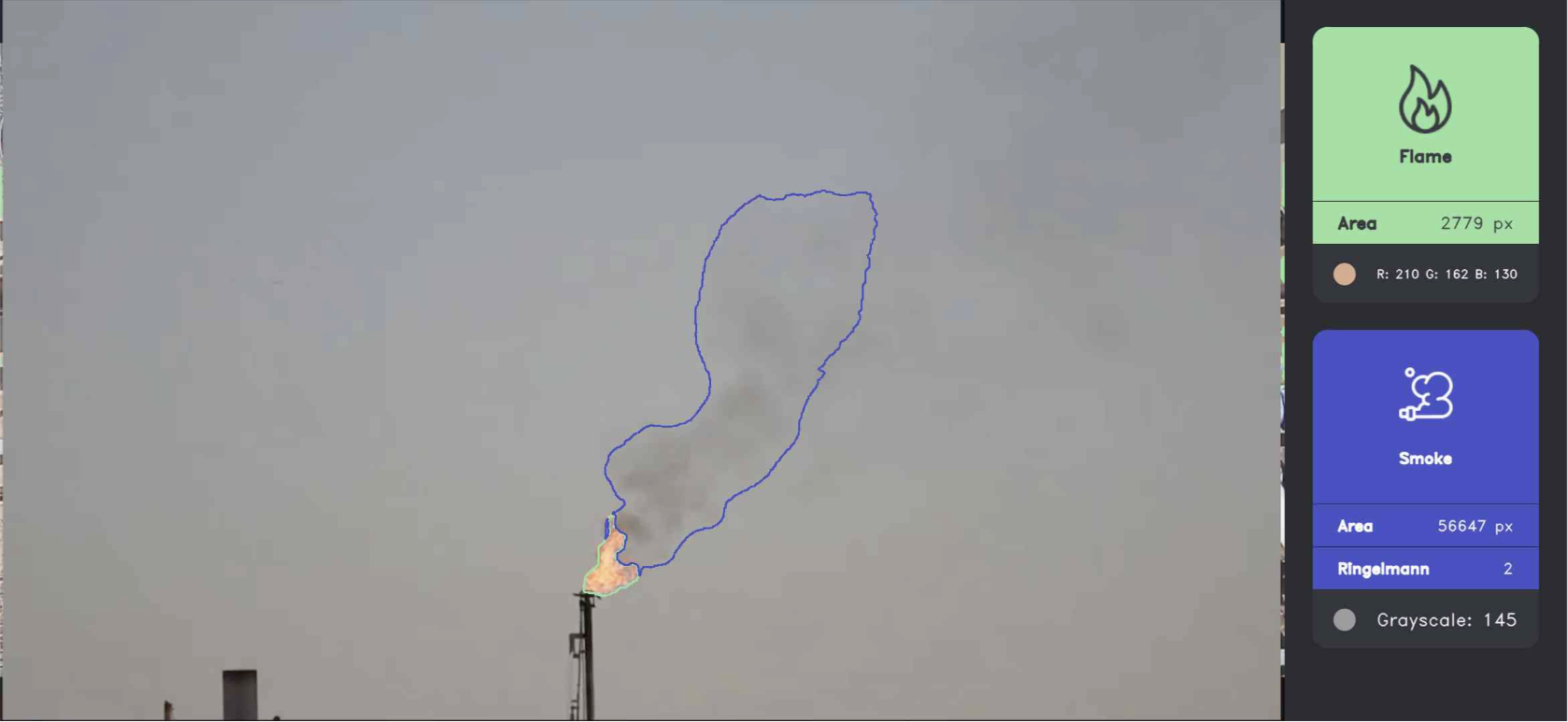 VisionAery Flare Monitoring analytics overlay bounding a flare plume in a live field scene