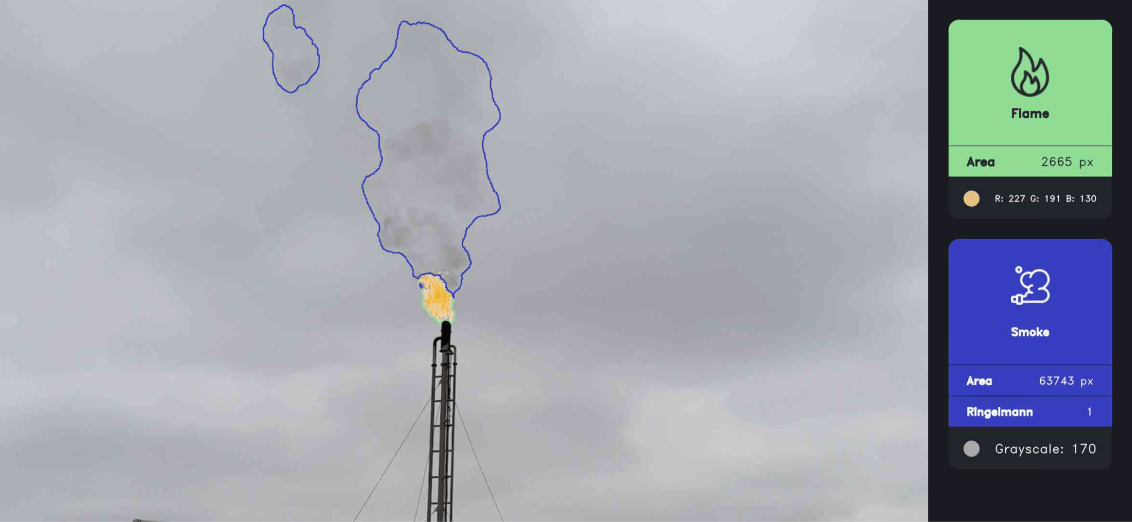 VisionAery Flare Monitoring — flame and smoke masks with area and Ringelmann readouts