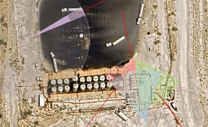 Tank-battery & loading-rack camera coverage — overlapping FOV cones