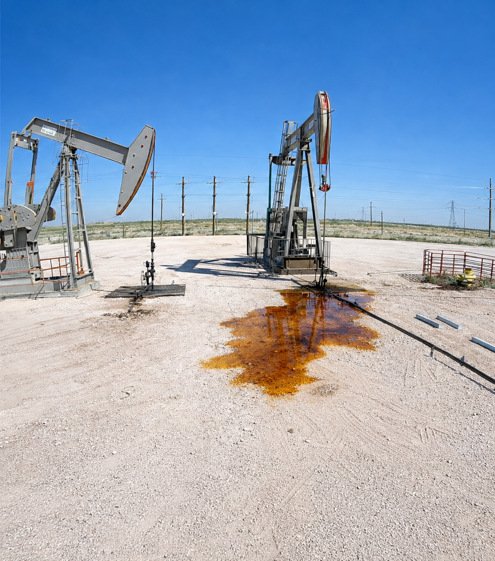 The same well pad seven minutes later with the hydrocarbon pool visibly larger and spreading across the gravel