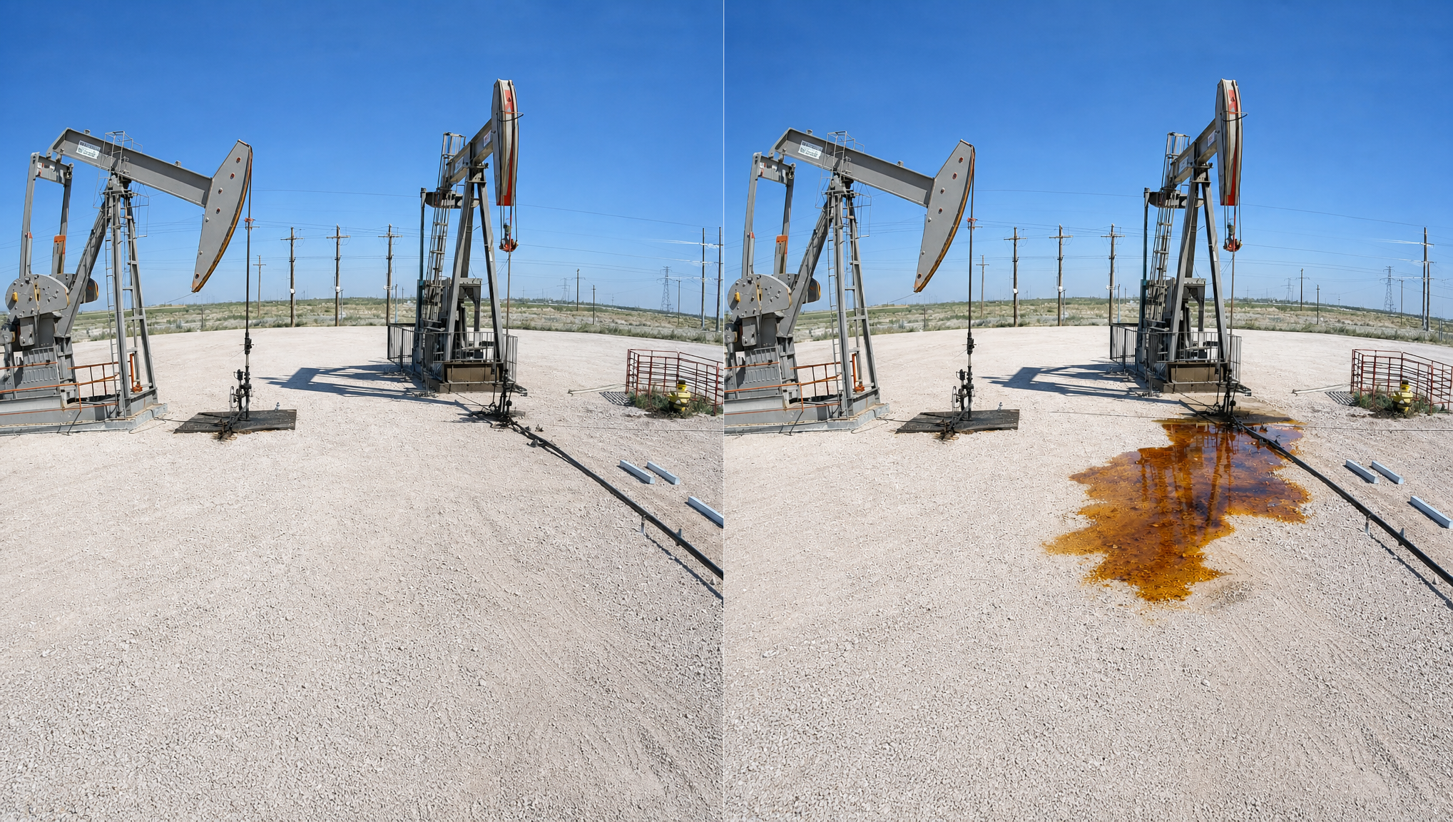 Side-by-side of the same well pad from a fixed camera: the last clean frame with dry gravel next to the current frame showing a new brown hydrocarbon pool spreading across the ground