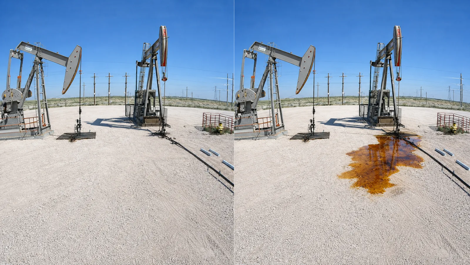 Side-by-side of the same well pad from a fixed camera: the last clean frame with dry gravel next to the current frame showing a new brown hydrocarbon pool spreading across the ground