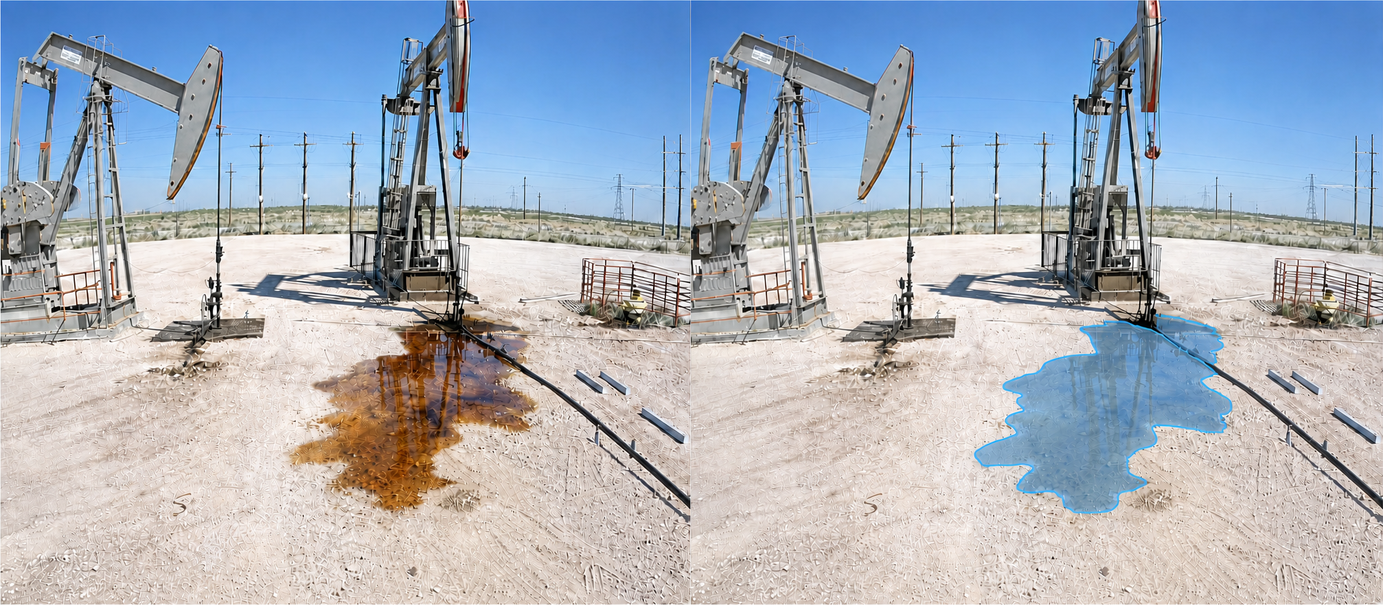 Side-by-side of the same well pad: the raw camera frame showing a brown hydrocarbon spill next to AVA's detection overlay highlighting the same pool in blue