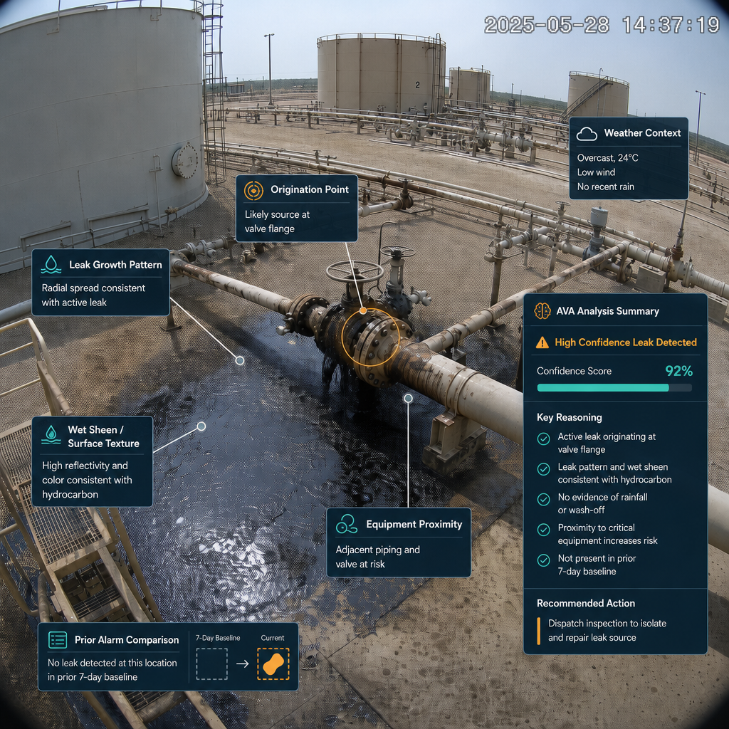 AVA LLD, VisionAery's Alarm Verification Agent for Liquid Leak Detection — comparing a raw camera frame against an AI-detected liquid-leak overlay of an industrial site