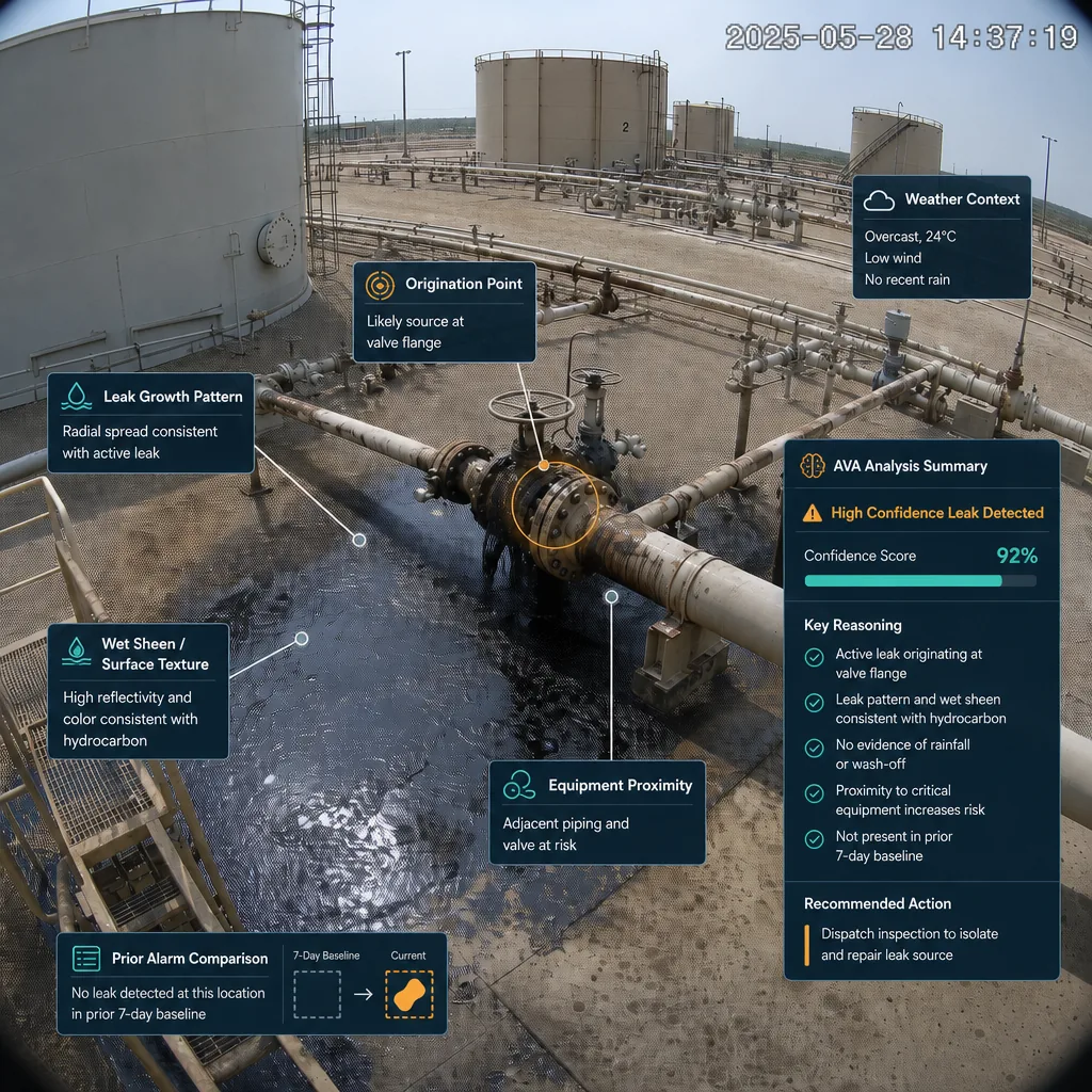 AVA LLD, VisionAery's Alarm Verification Agent for Liquid Leak Detection — comparing a raw camera frame against an AI-detected liquid-leak overlay of an industrial site