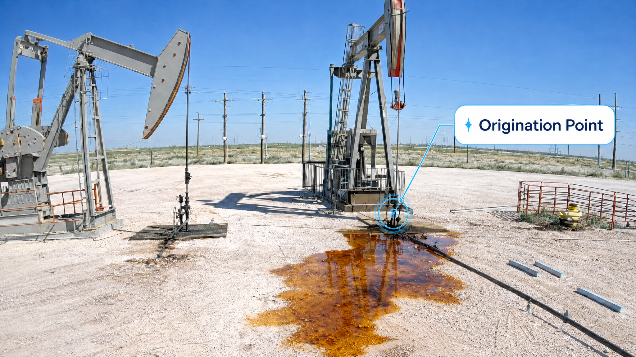 Well pad with a hydrocarbon pool spreading from a wellhead fitting, with an 'Origination Point' callout marking the leaking equipment as the source