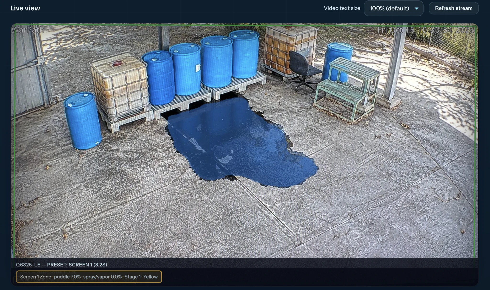 VisionAery LLD live view showing a detected fluid leak and the Stage 1 Yellow alarm indicator.