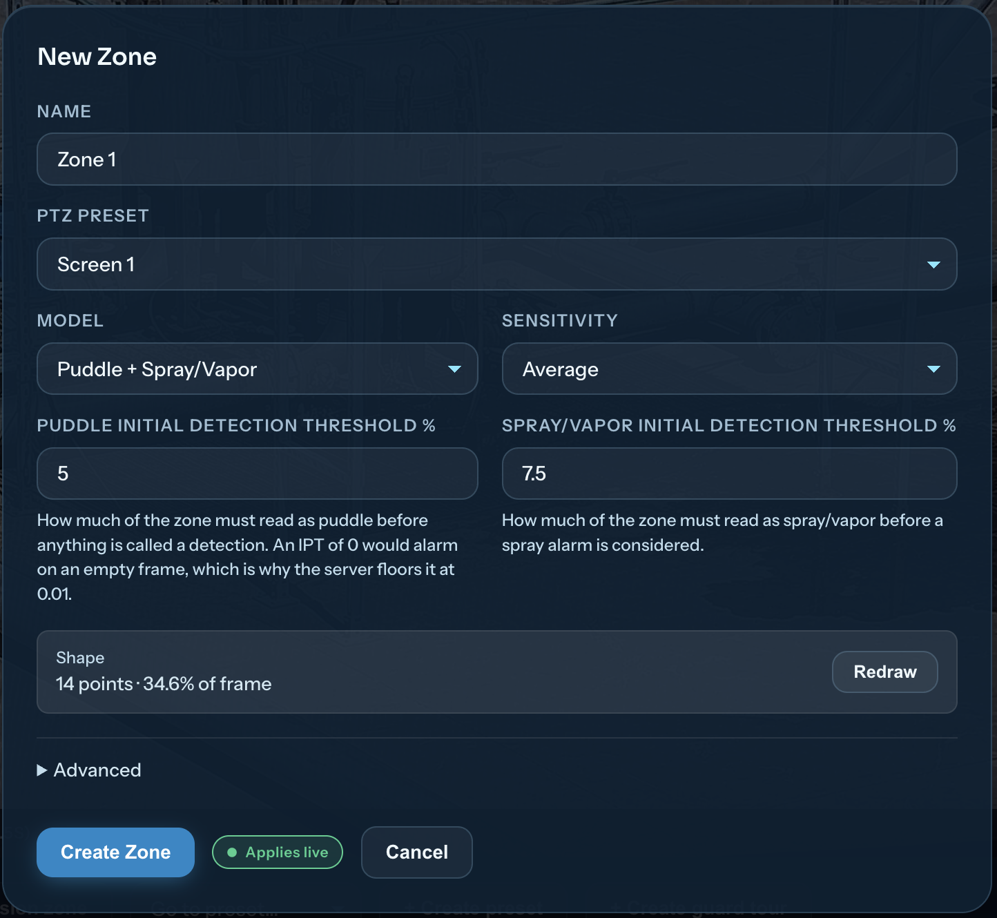LLD New Zone settings showing the zone name, PTZ preset, detection model, sensitivity, detection thresholds, and Advanced settings.