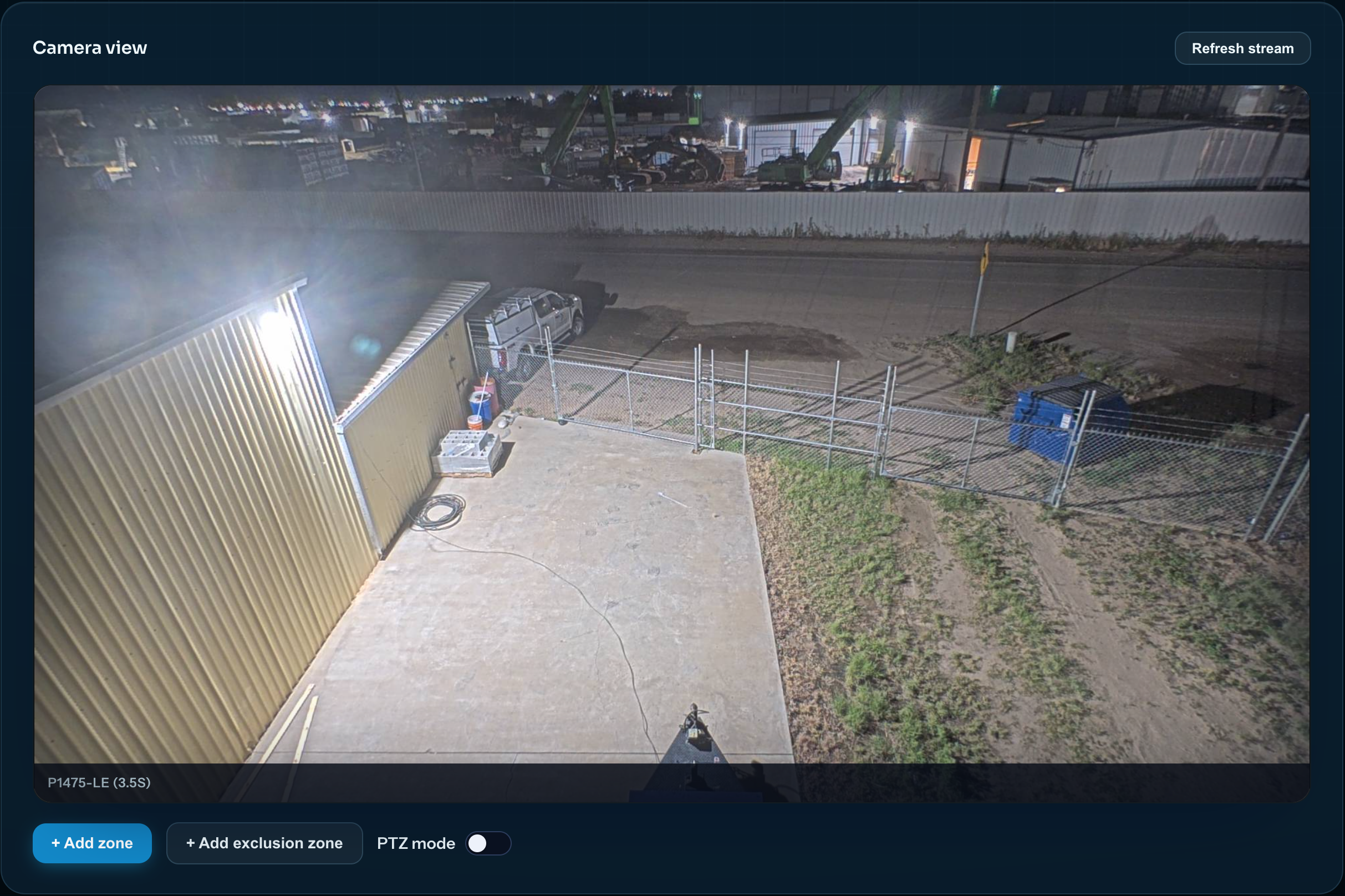 LLD fixed-camera interface showing the camera view, Add zone and Add exclusion zone controls, and the PTZ mode toggle.