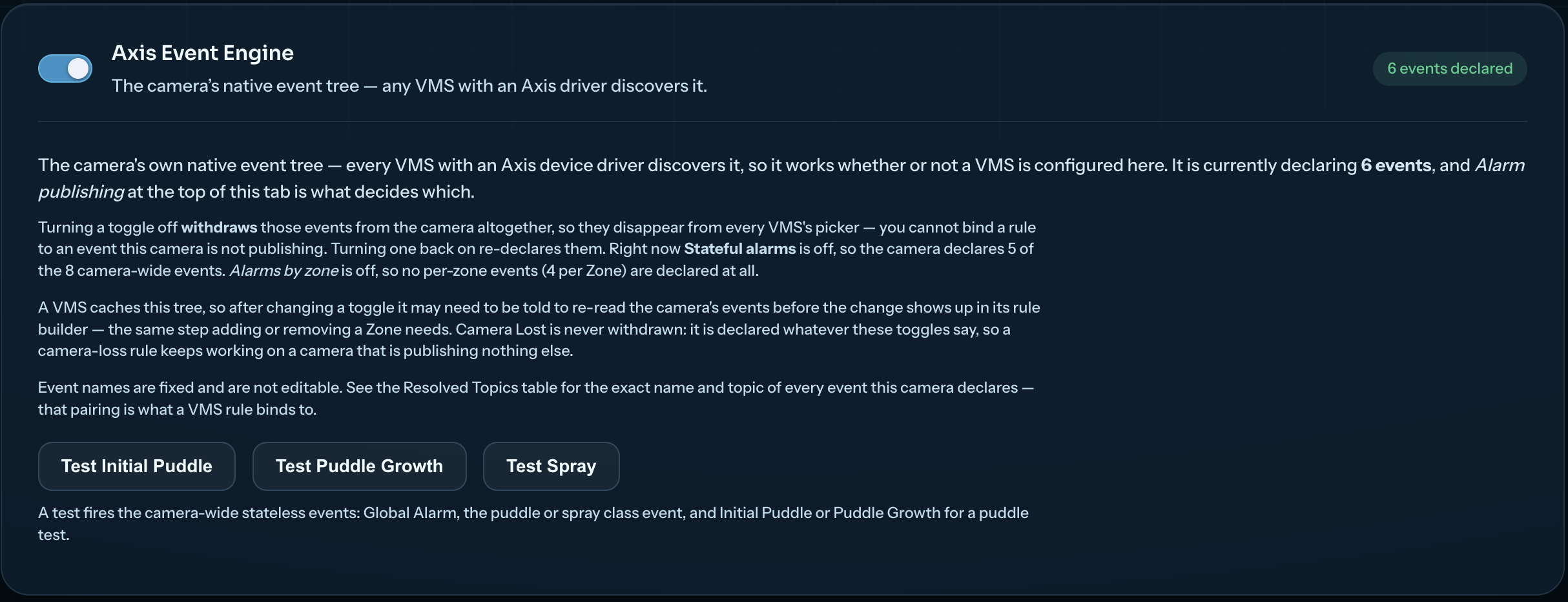 LLD Axis Event Engine settings with event publishing enabled and test buttons for initial puddle, puddle growth, and spray alarms.