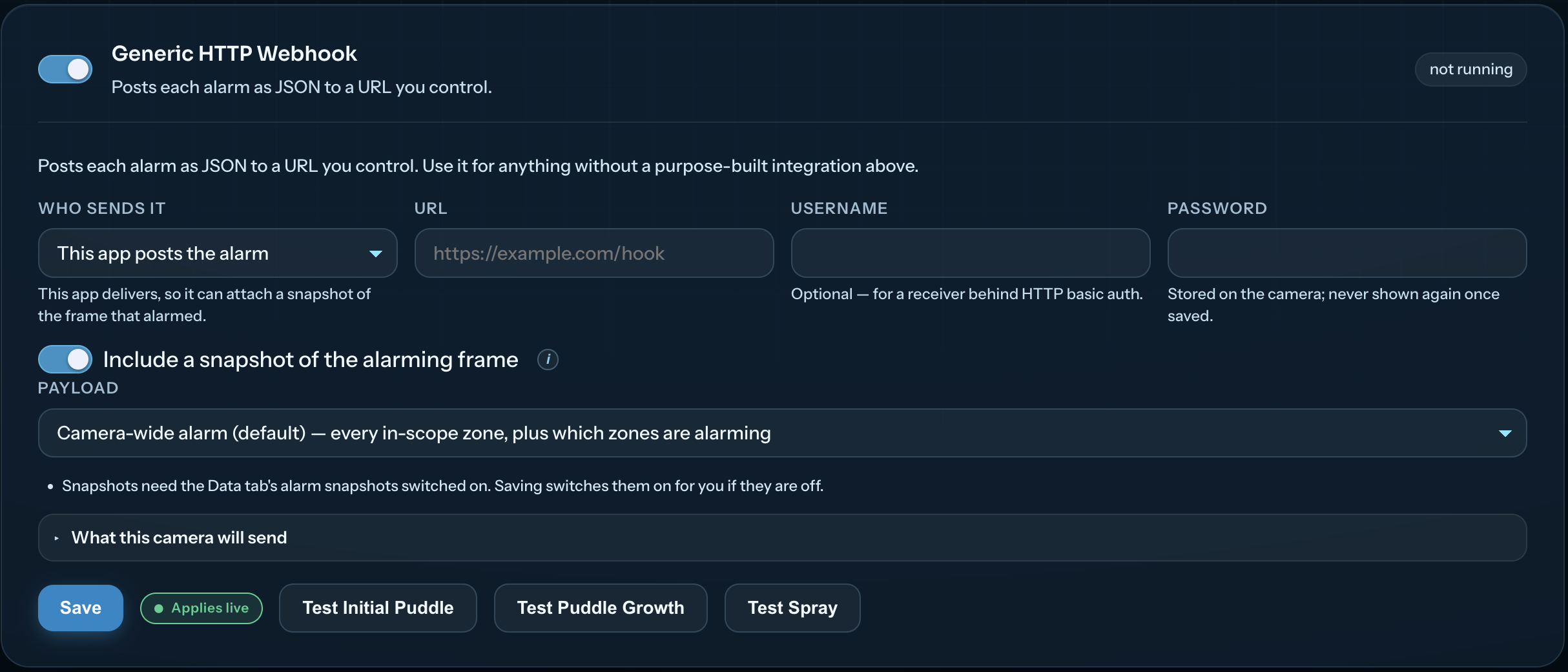 LLD HTTP webhook settings showing the destination URL, snapshot option, payload selection, and alarm test buttons.