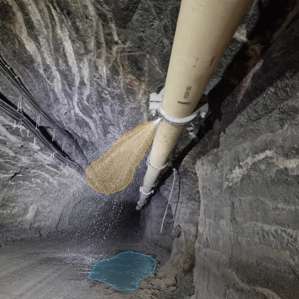 Real V4 detection, processed live: Mining pipe, spray and puddle detected. Overlay output of VisionAery Liquid Leak Detection.