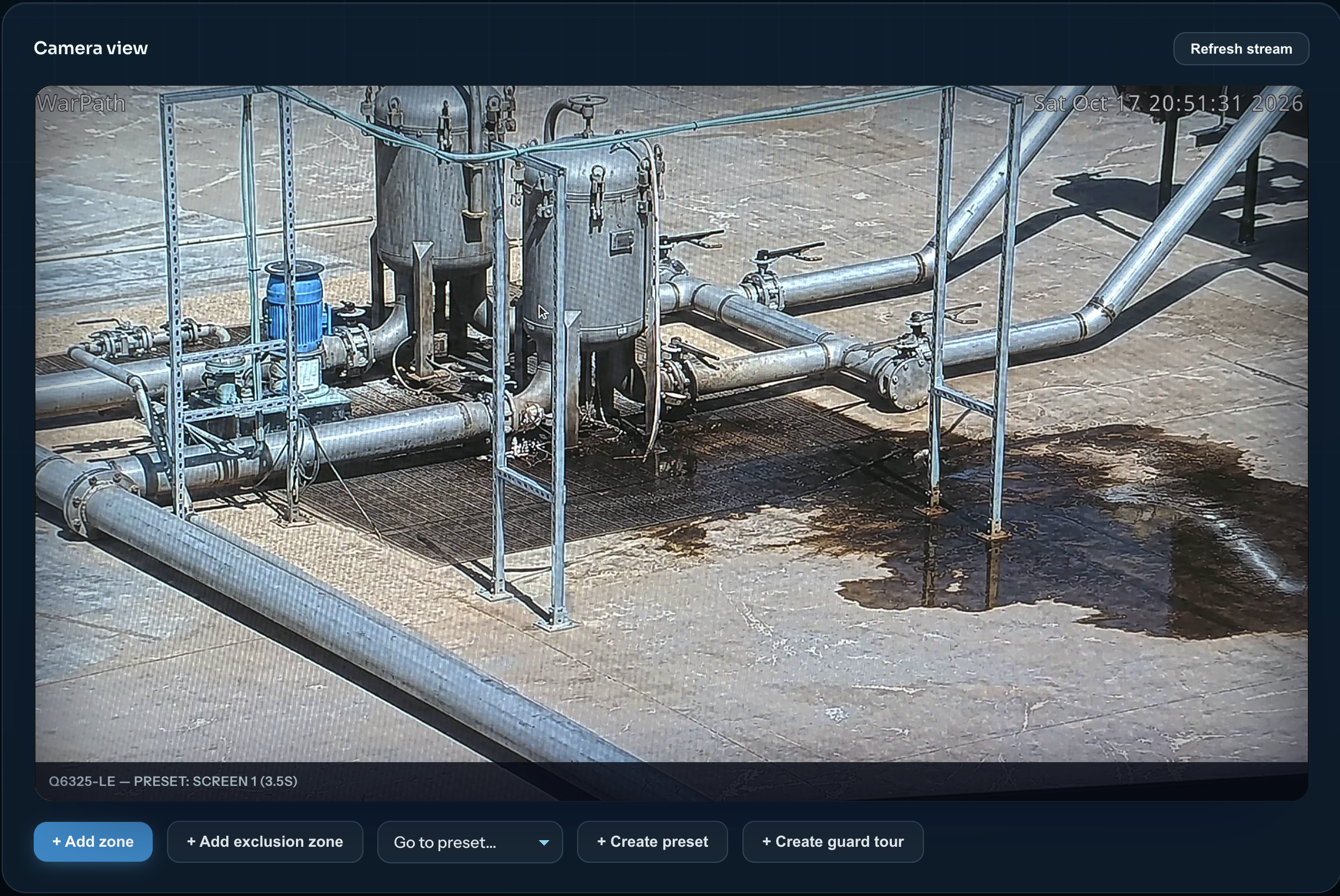 LLD camera view with controls to select a preset, create a preset, and create a guard tour.