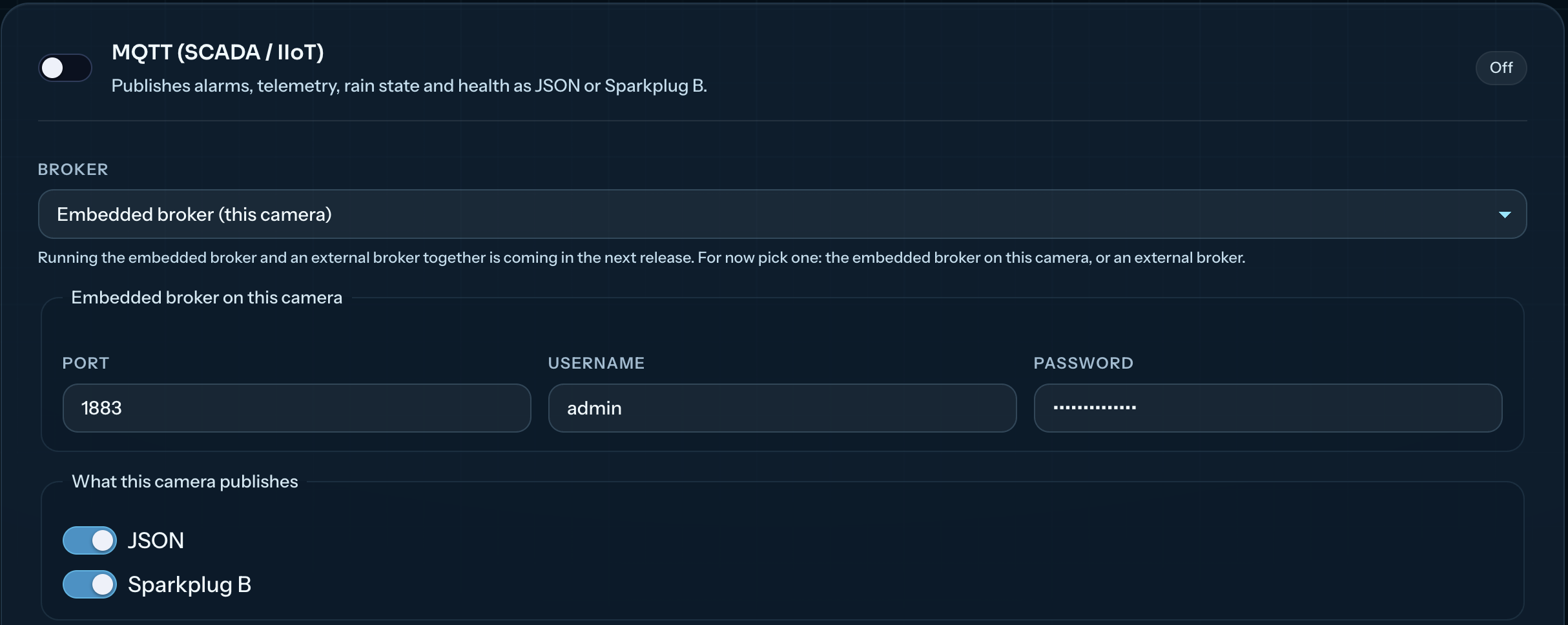LLD MQTT settings showing the embedded broker selection and JSON and Sparkplug B payload options.
