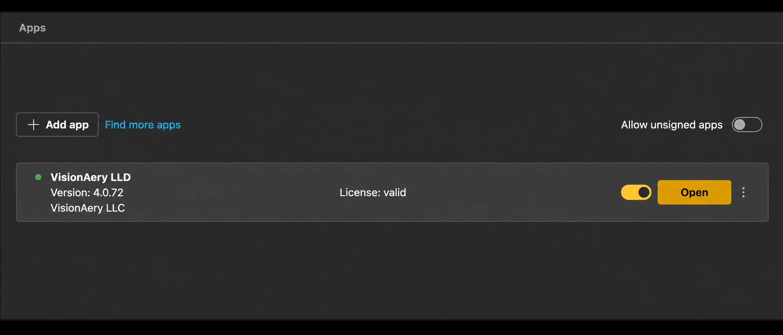 Axis camera Apps page showing VisionAery LLD installed, a valid license, and the Open button.