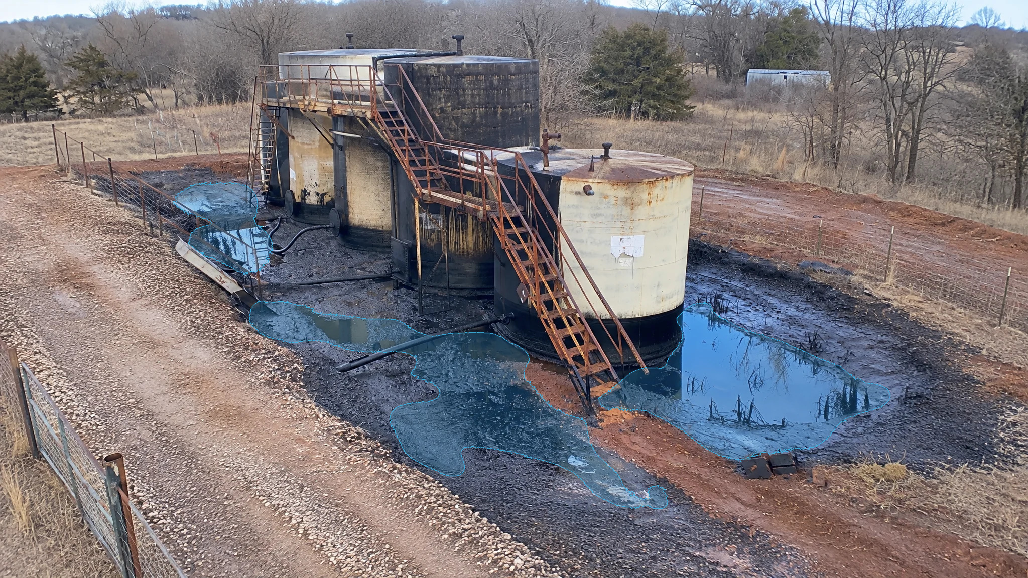 Real V4 detection, processed live: Tank battery, puddle detected. Overlay output of VisionAery Liquid Leak Detection.