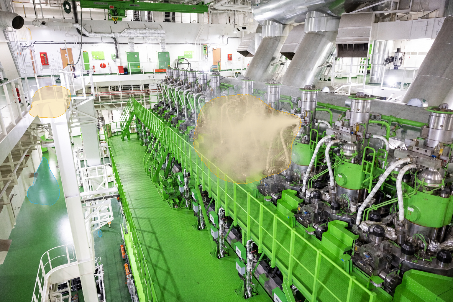 Real V4 detection, processed live: Marine engine room, visible vapor detected. Overlay output of VisionAery Liquid Leak Detection.