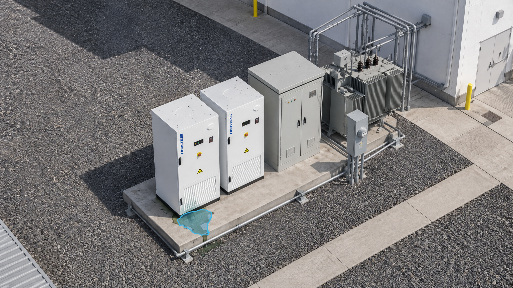 Electrical equipment and a transformer on a concrete pad with a blue detection overlay marking a puddle beside the cabinets.