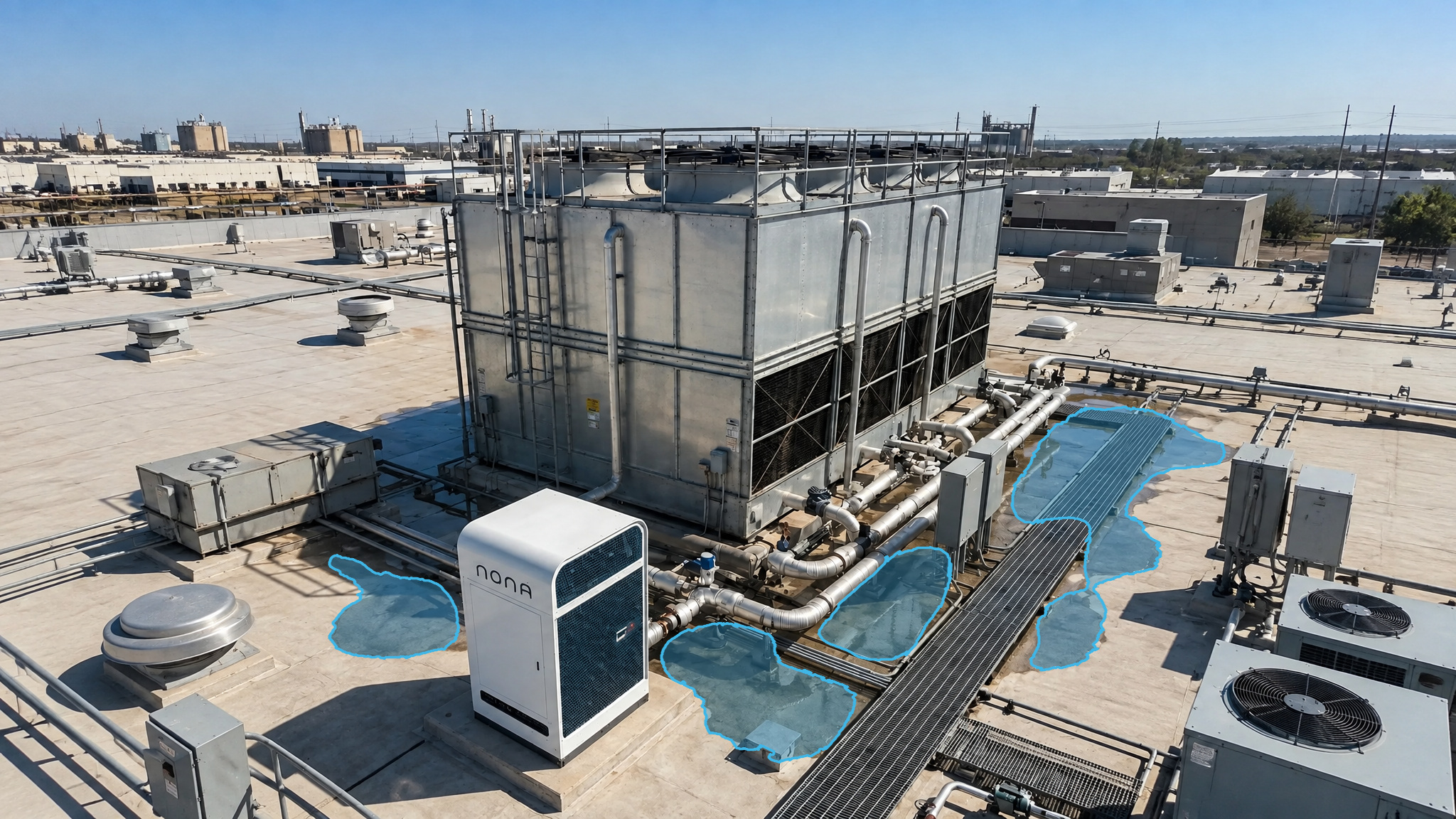 Rooftop cooling tower and pipework with blue detection overlays marking puddles across the roof.
