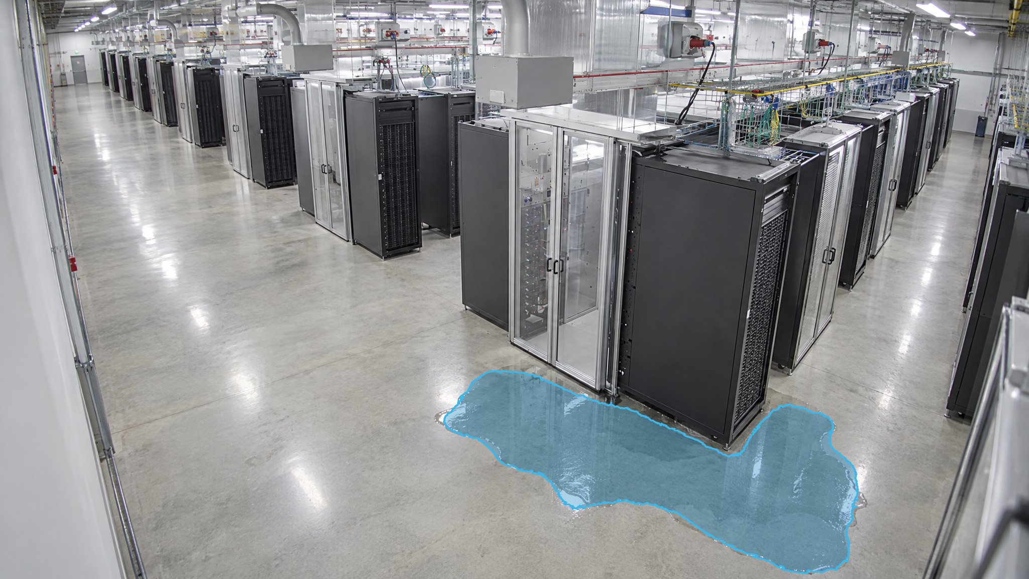 Data Center Fluid Leak — puddle detection overlay
