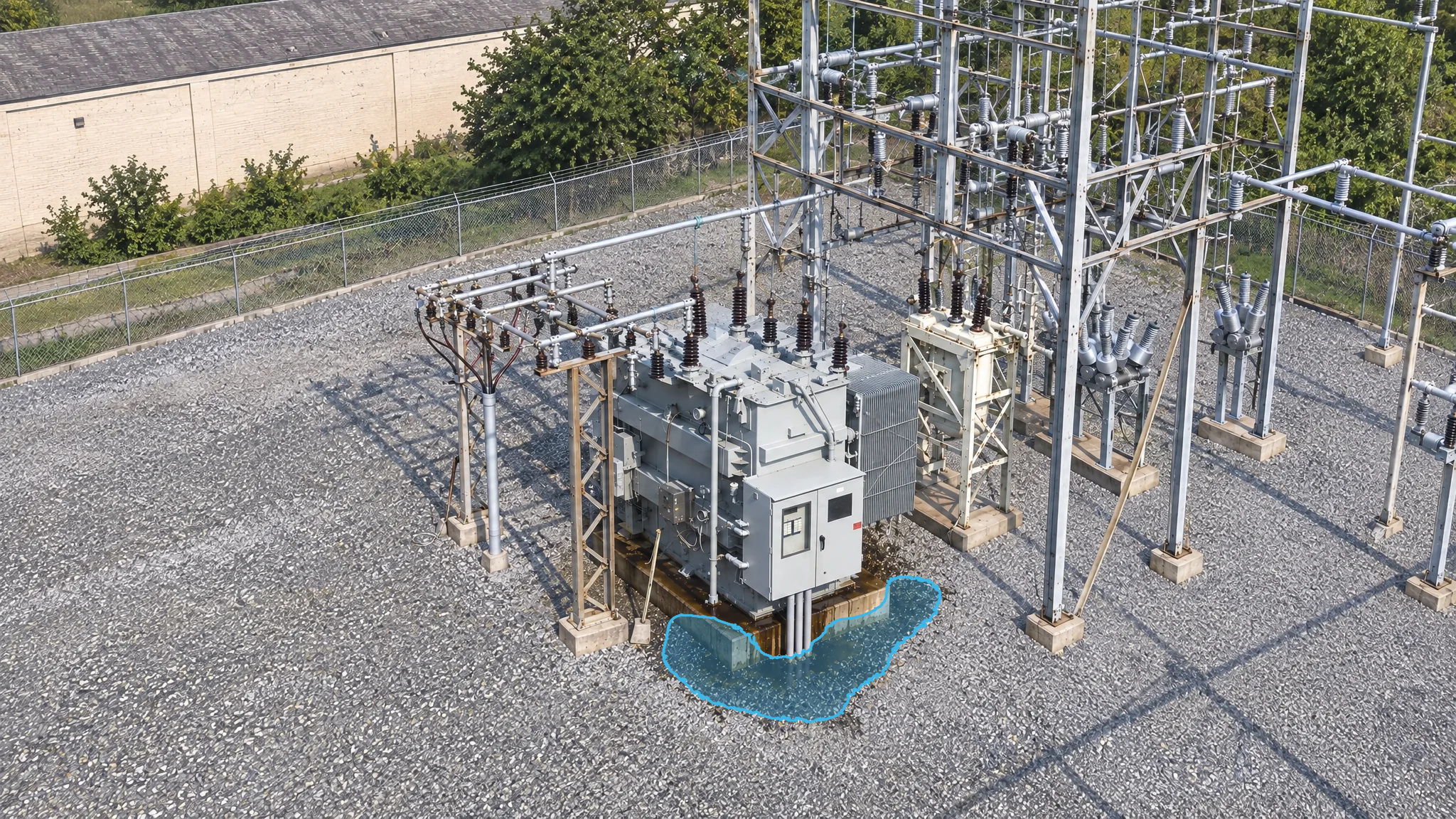 Daylight view of a transformer with a blue puddle overlay around its base on the gravel.