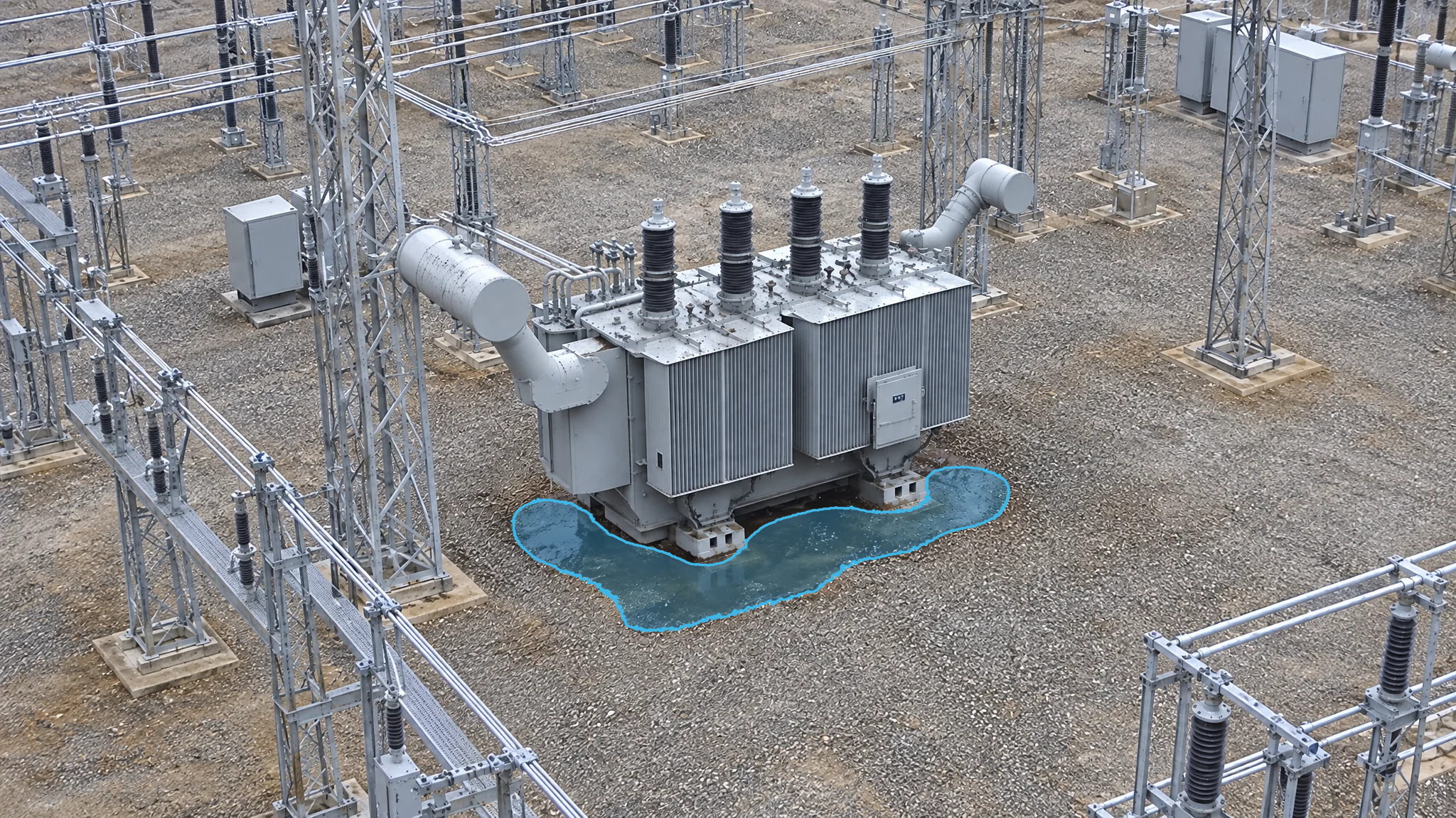 Daylight substation view with a blue detection overlay around liquid on the gravel beneath a transformer.