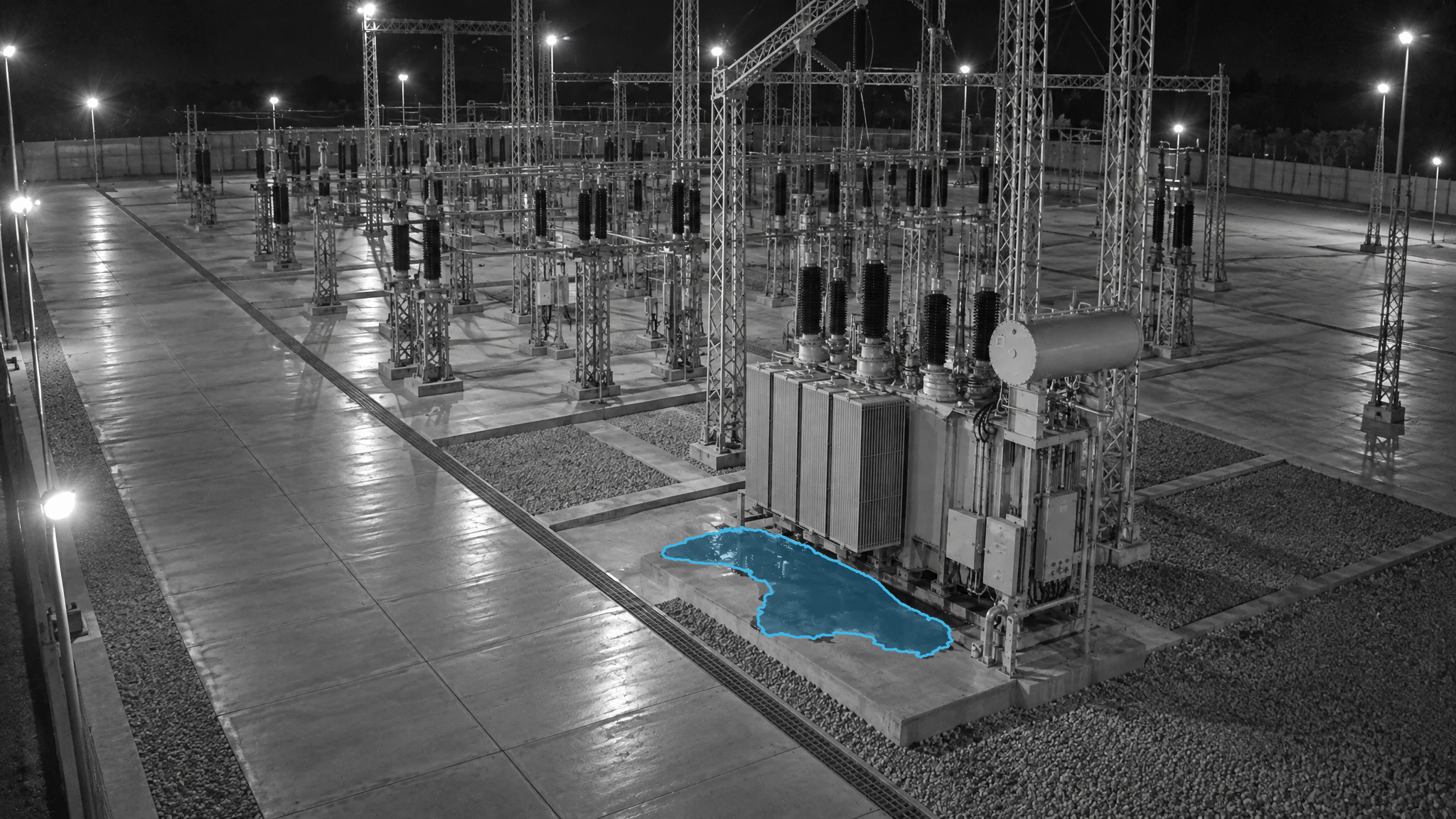 Monochrome nighttime substation view with a blue puddle overlay on the concrete pad beside a transformer.
