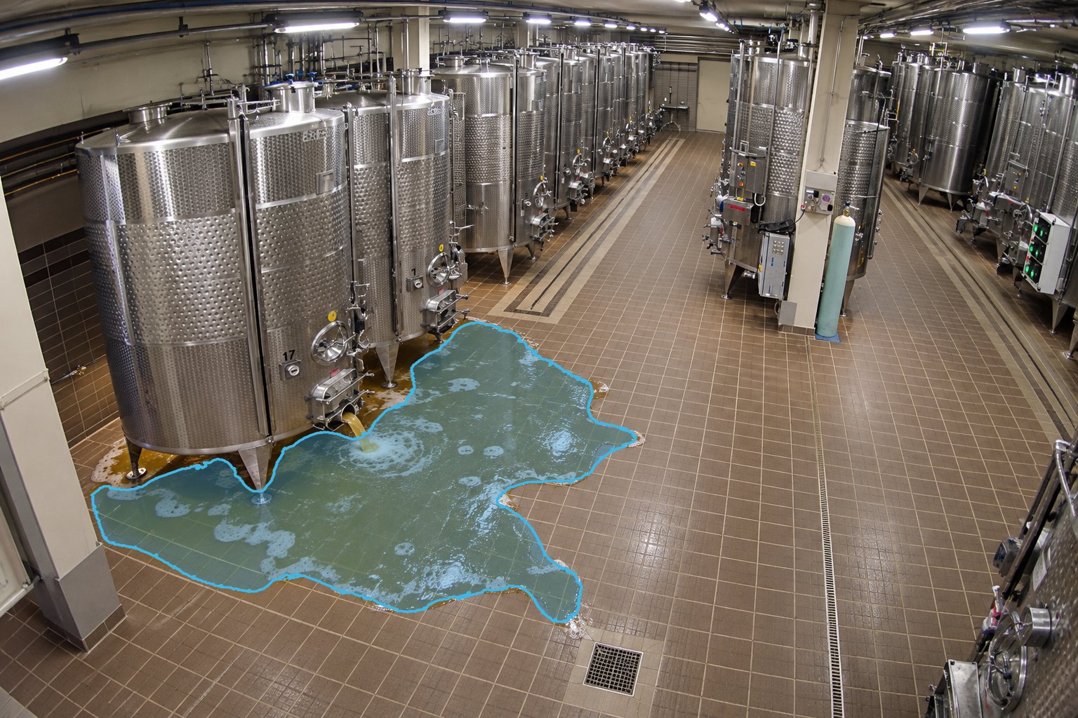 Food Processing Facility Fluid Spill — puddle detection overlay