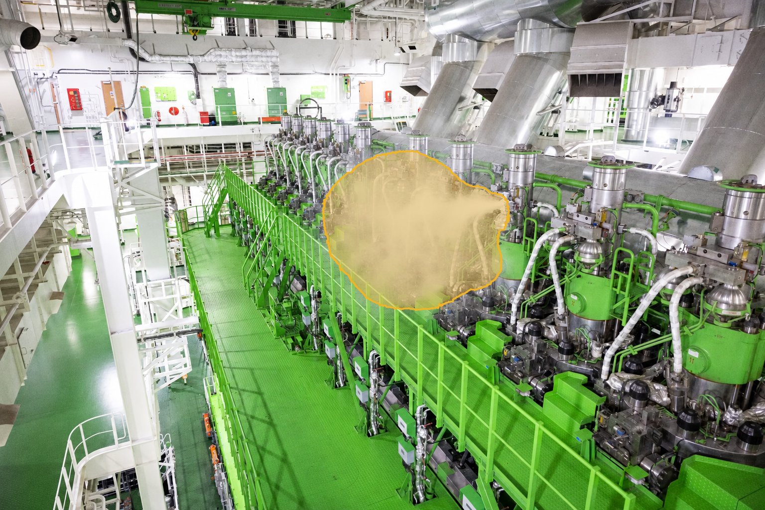Marine engine room, visible vapor detected