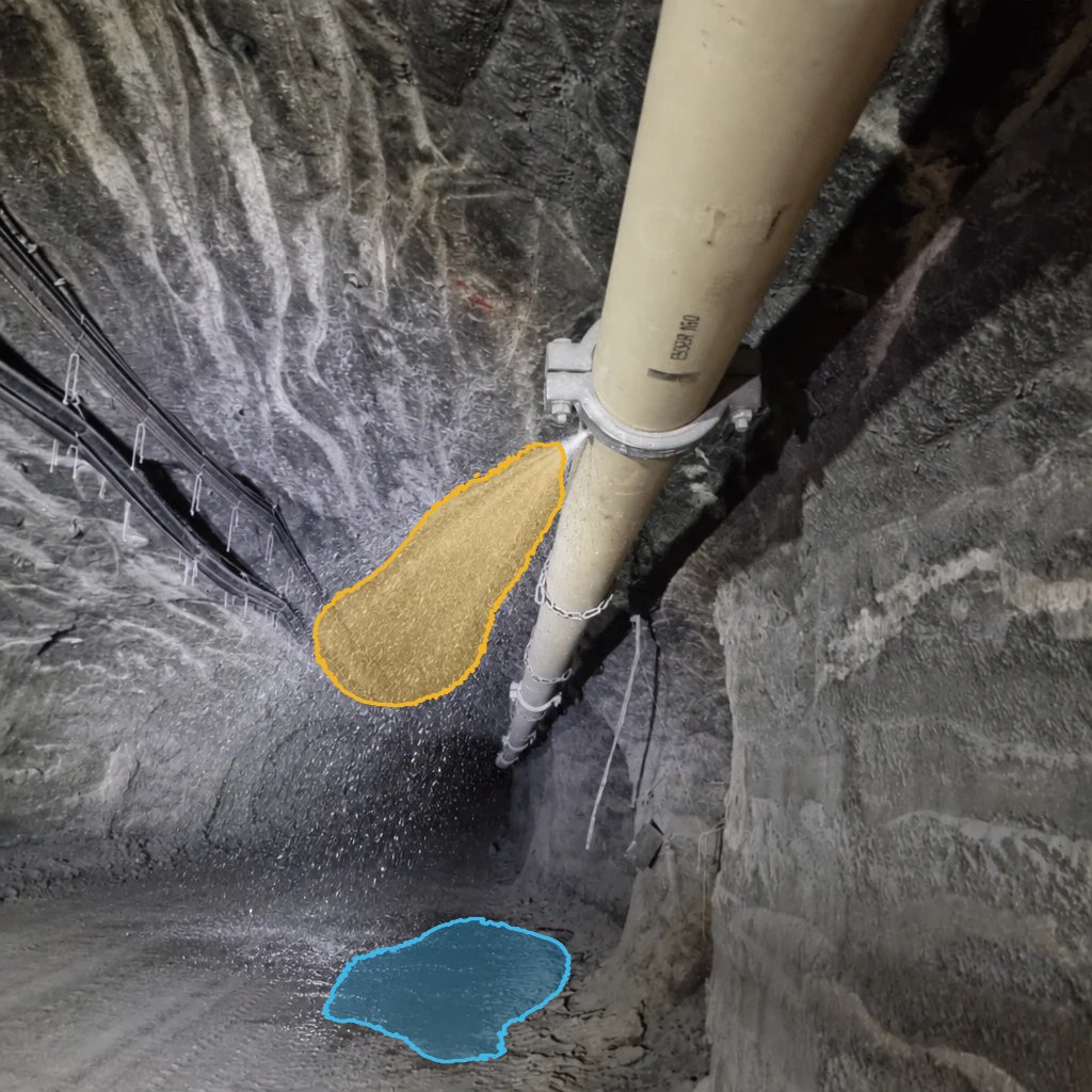 Mining pipe, spray and puddle detected