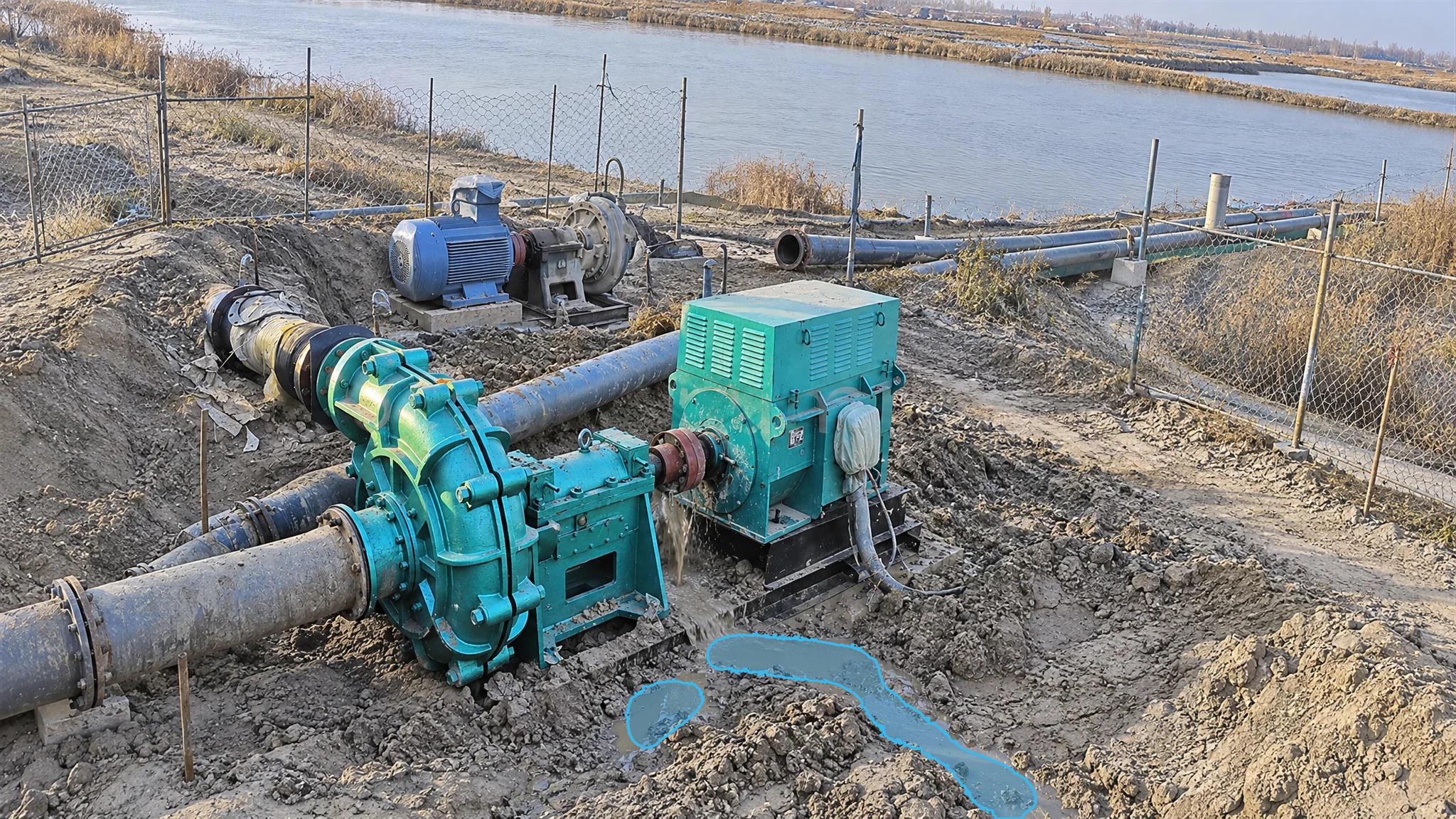 Green outdoor slurry pump beside a pond, with blue detection overlays marking liquid on the ground below the pump.