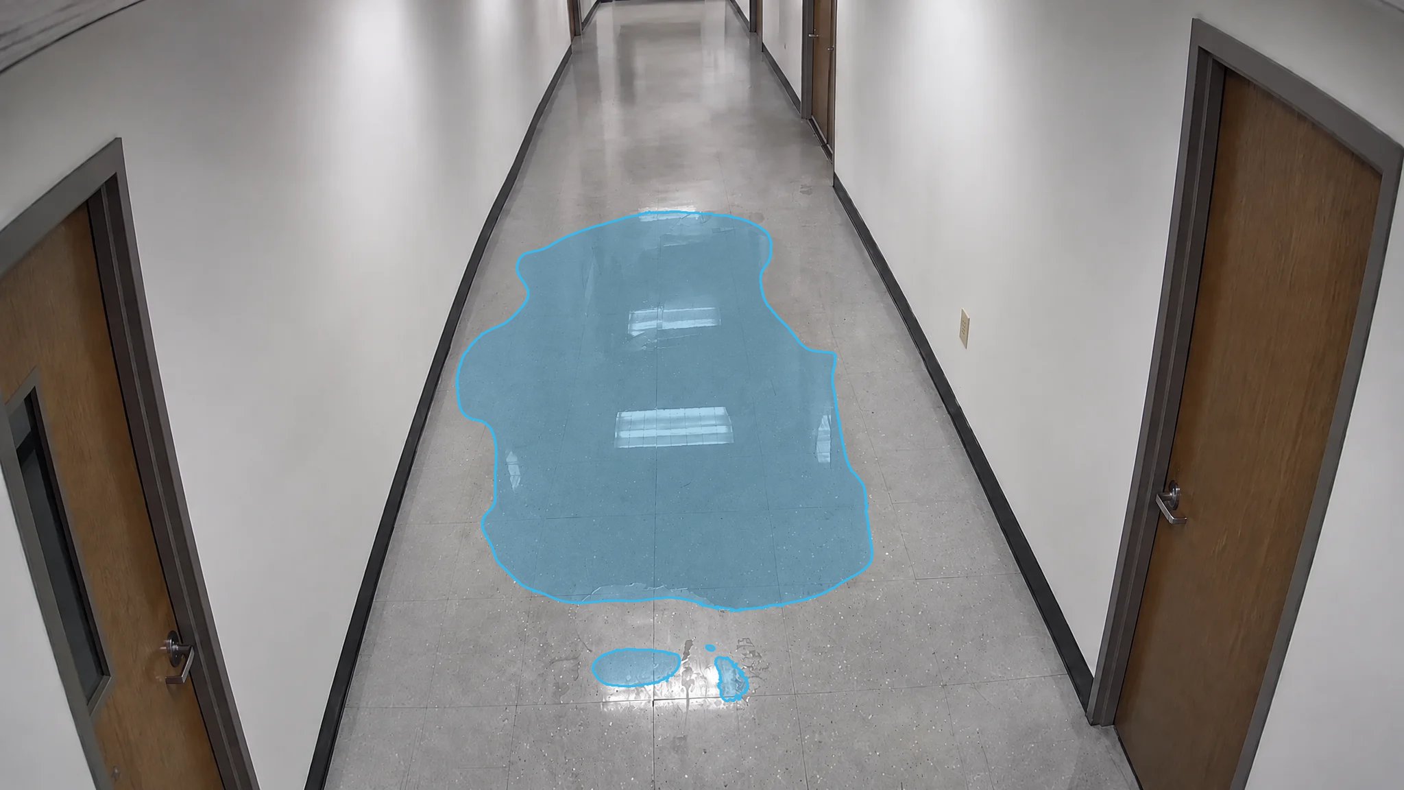 Office Hallway Fluid Spill — puddle detection overlay