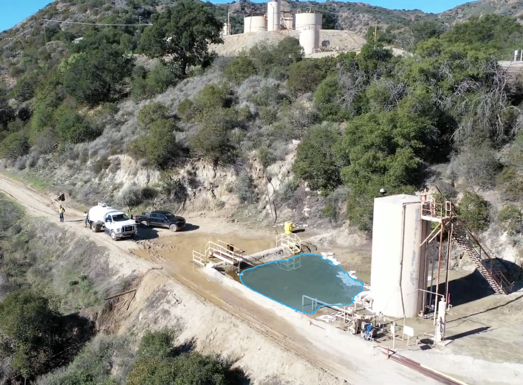Hillside Production Site Leak — puddle detection overlay