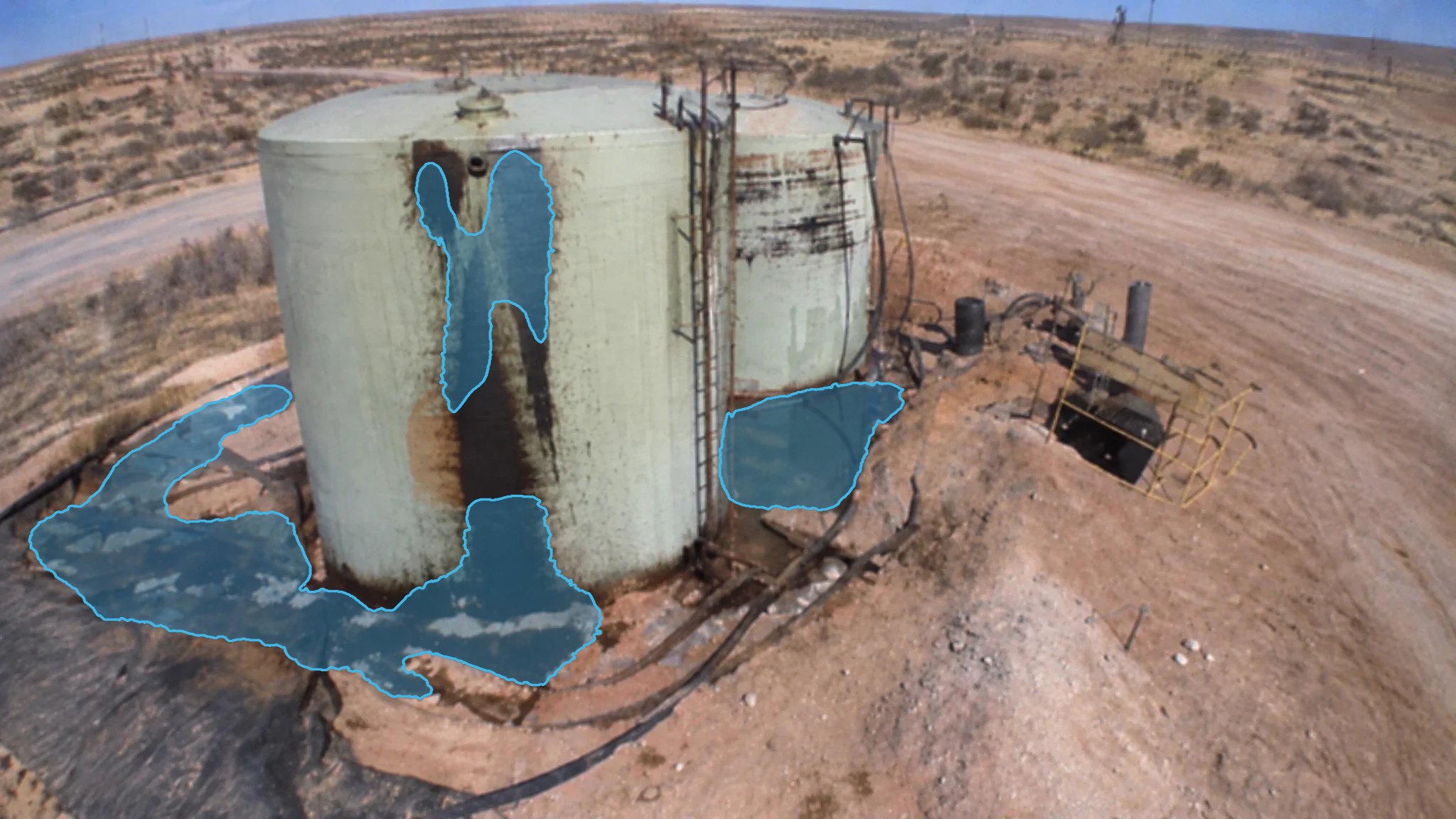 Tank Battery Spill — Aerial View — puddle detection overlay
