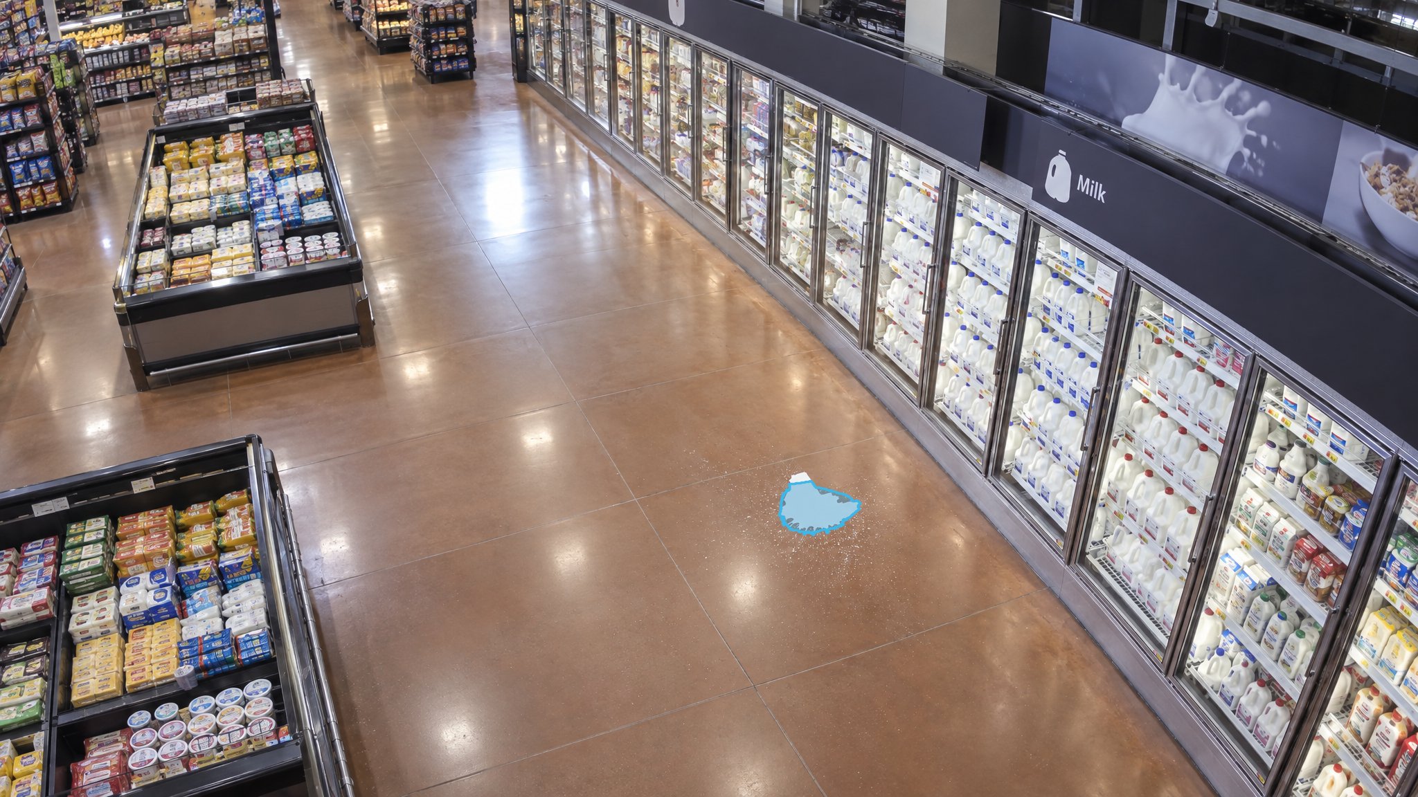 Refrigerated Aisle Fluid Spill — puddle detection overlay