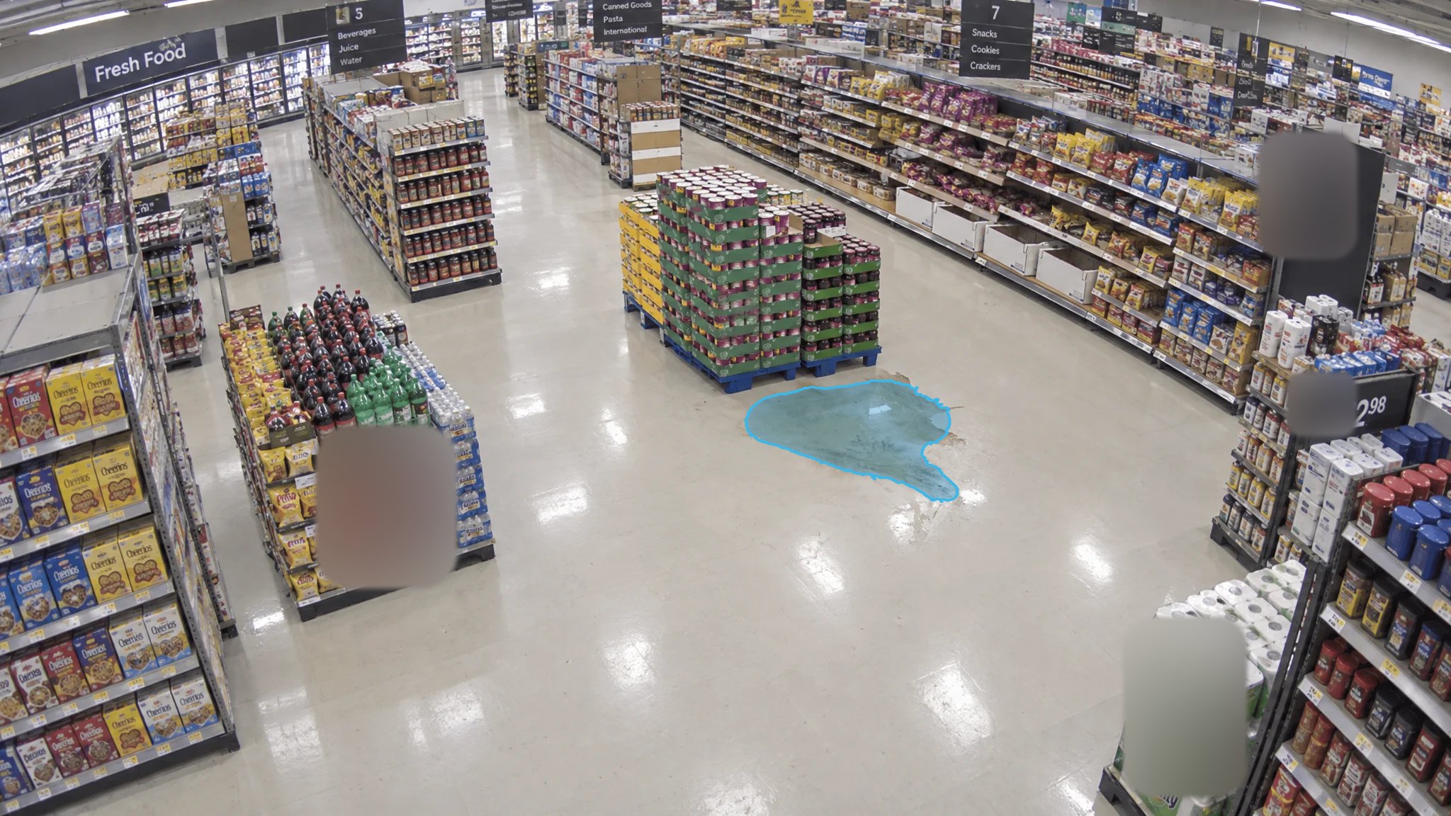 Grocery Aisle Fluid Spill — puddle detection overlay