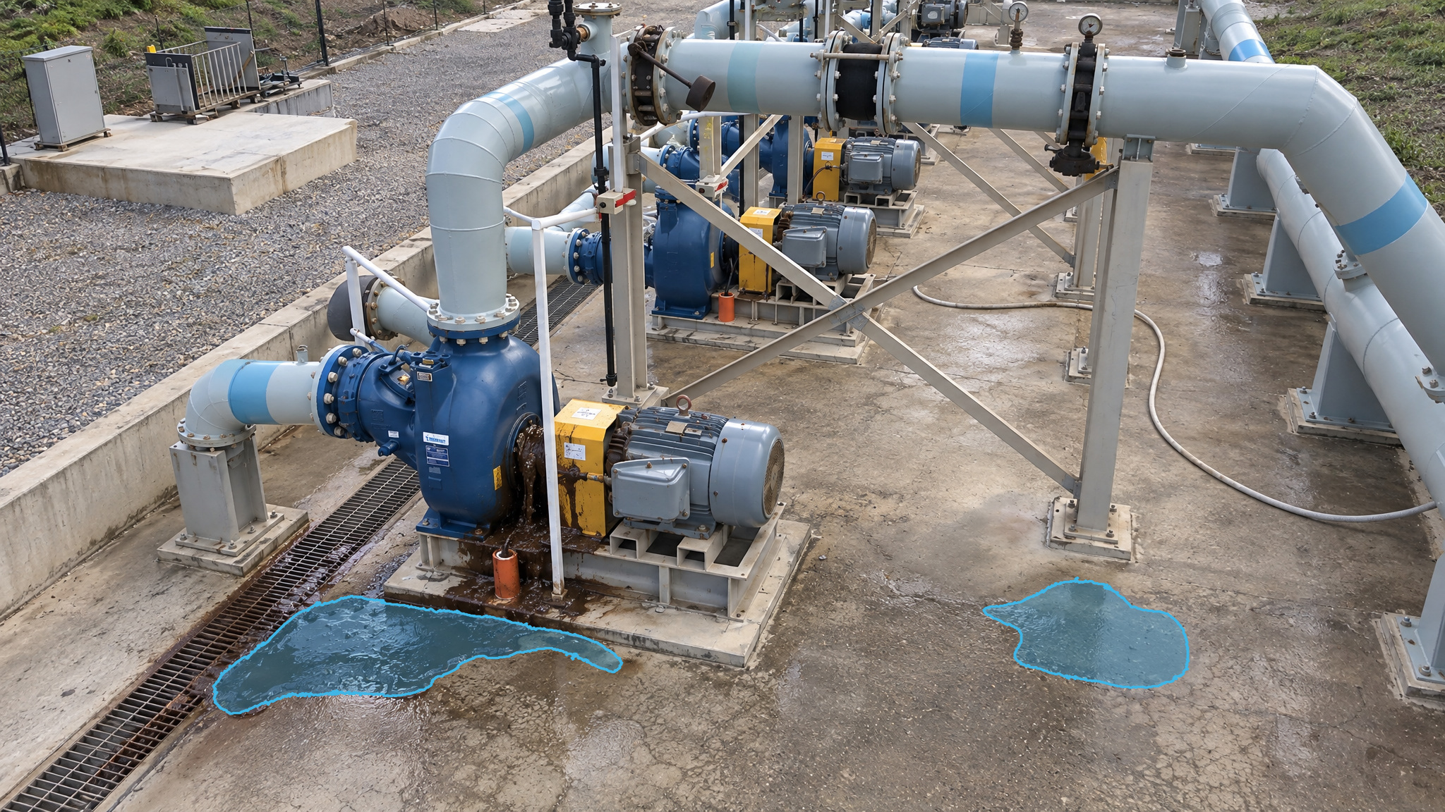 Outdoor pump skid with blue detection overlays marking puddles beside the pump and on the concrete pad.