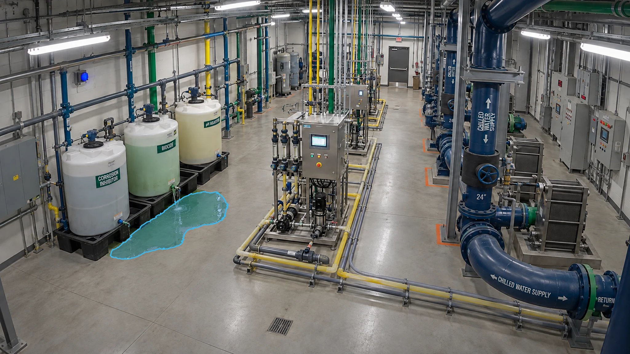 Water Treatment Facility Leak — puddle detection overlay